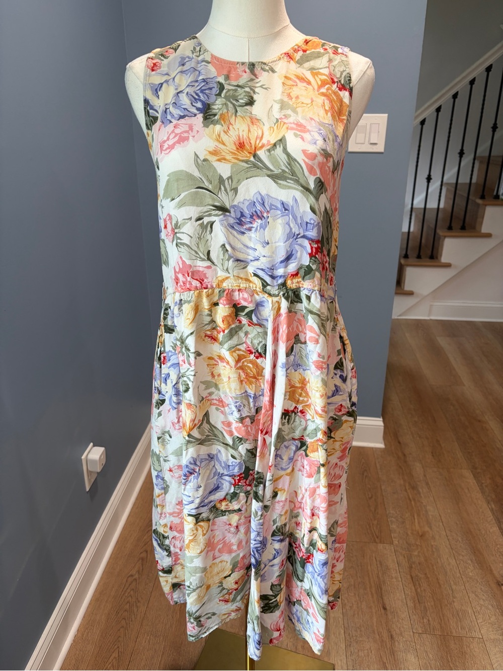Vintage Erika Floral Midi Dress Cottagecore Sleeveless Drop Waist Pockets Small